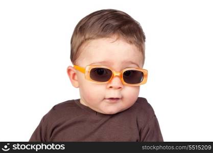 Beautiful baby with sunglasses isolated on white background