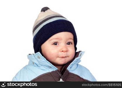 Beautiful baby with wool cap isolated on white background