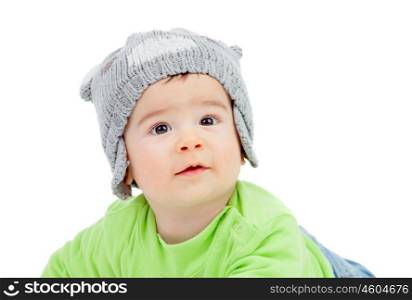 Beautiful baby with wool hat isolated on a white background