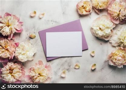 Beautiful background with peony flowers and empty card for text. Floral background. Beautiful background with peony flowers and cards