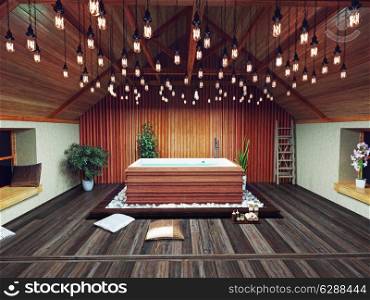 beautiful bath in the attic in the night. 3d design concept