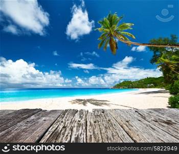 Beautiful beach and old wooden pier at Seychelles, Mahe