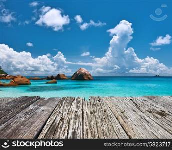 Beautiful beach at Seychelles and old wooden pier, Praslin, Anse Lazio