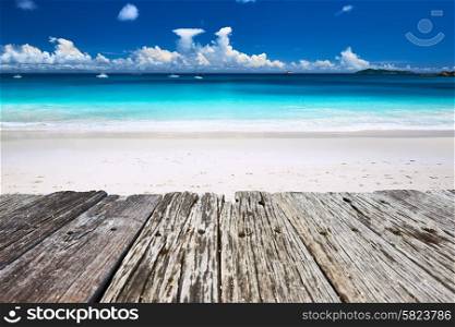 Beautiful beach at Seychelles and old wooden pier, Praslin, Anse Lazio