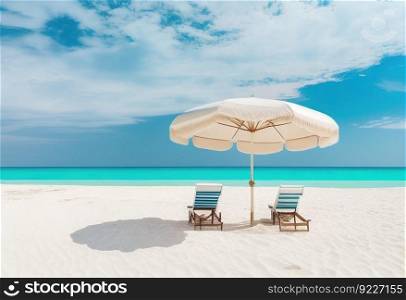 Beautiful beach banner. White sand chairs and umbrella illustration. AI generative. 