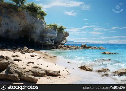 Beautiful Beach Landscape with Rocky Cliff and Blue Clear Sea Water in Bright Day