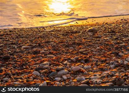 Beautiful beach pebble sunset view at Petra tou Romiou beach, in Paphos, Cyprus. It is considered to be Aphrodite&rsquo;s birthplace in Greek mythology.