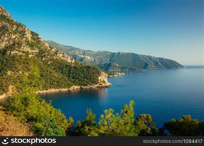 Beautiful beach view of Kabak Valley near Fethiye, Turkey. View from a hill on the Lycian Way. Turquoise colored water of Aegean sea. Paradise concept