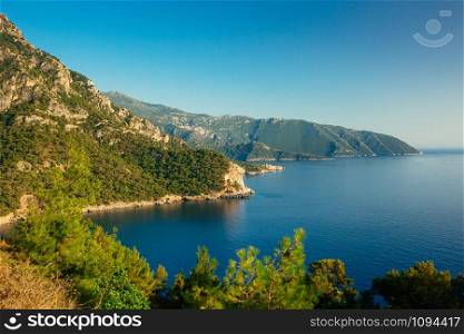 Beautiful beach view of Kabak Valley near Fethiye, Turkey. View from a hill on the Lycian Way. Turquoise colored water of Aegean sea. Paradise concept