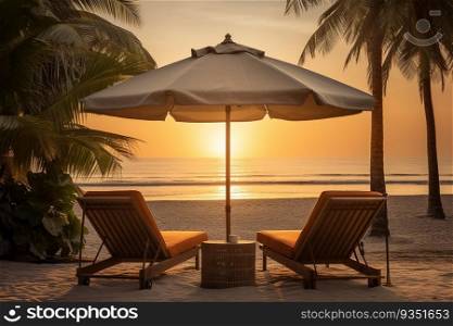 Beautiful Beach View with Gazebo and Lounge Chairs Relaxing Vacation Place at Sunset
