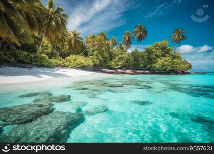 Beautiful beach with palms and turquoise sea. AI Generated
