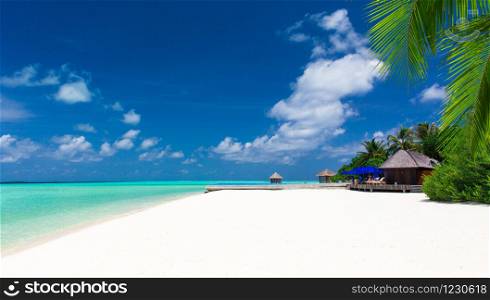 Beautiful beach with sand, turquoise ocean, green palm trees and blue sky with clouds. Summer tropical landscape.