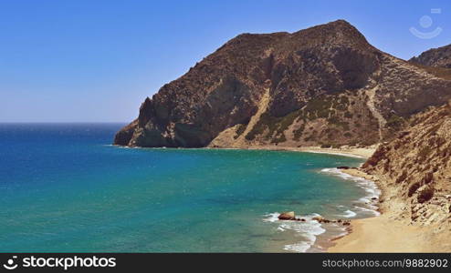 Beautiful beach with sea in tourist resort. Greece island Kos. Beautiful concept for summer vacation. Natural colorful background.