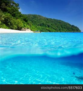 Beautiful beach with white sand bottom underwater and above water split view