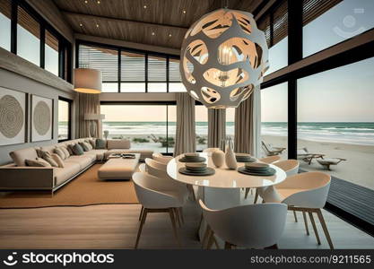 beautiful beachfront villa interior with sleek decor, contemporary lighting, and modern furnishings, created with generative ai. beautiful beachfront villa interior with sleek decor, contemporary lighting, and modern furnishings