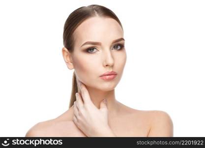 Beautiful Beauty and face care concept - Beautiful Young Woman with Clean Fresh Skin standing over light grey background. Young Woman with Clean Fresh Skin isolated on white background. Beautiful Young Woman with Clean Fresh Skin isolated on white background