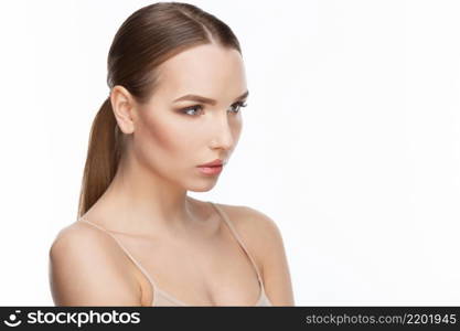 Beautiful Beauty and face care concept - Beautiful Young Woman with Clean Fresh Skin standing over light grey background. Young Woman with Clean Fresh Skin isolated on white background. Beautiful Young Woman with Clean Fresh Skin isolated on white background