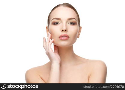 Beautiful Beauty and face care concept - Beautiful Young Woman with Clean Fresh Skin standing over light grey background. Young Woman with Clean Fresh Skin isolated on white background. Beautiful Young Woman with Clean Fresh Skin isolated on white background