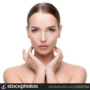 Beautiful Beauty and face care concept - Beautiful Young Woman with Clean Fresh Skin standing over light grey background. Young Woman with Clean Fresh Skin isolated on white background. Beautiful Young Woman with Clean Fresh Skin isolated on white background