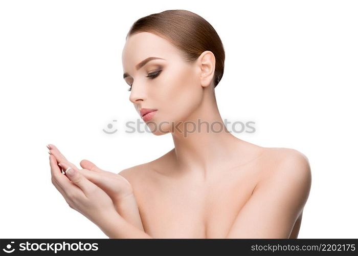 Beautiful Beauty and face care concept - Beautiful Young Woman with Clean Fresh Skin - copy space for product placement. Beautiful Young Woman with Clean Fresh Skin - copy space for product placement