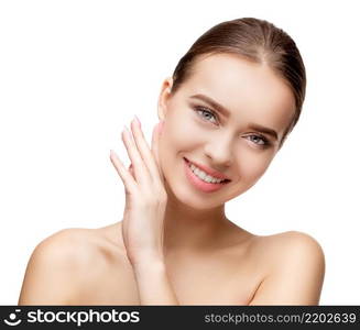 Beautiful Beauty and face care concept - Beautiful Young Woman with Clean Fresh Skin standing over light grey background. Young Woman with Clean Fresh Skin isolated on white background. Beautiful Young Woman with Clean Fresh Skin isolated on white background