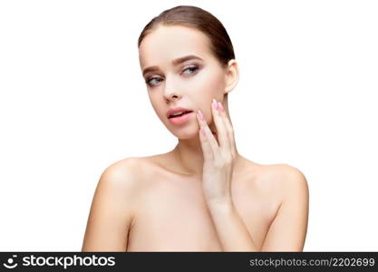 Beautiful Beauty and face care concept - Beautiful Young Woman with Clean Fresh Skin standing over light grey background. Young Woman with Clean Fresh Skin isolated on white background. Beautiful Young Woman with Clean Fresh Skin isolated on white background