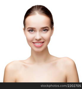 Beautiful Beauty and face care concept - Beautiful Young Woman with Clean Fresh Skin standing over light grey background. Young Woman with Clean Fresh Skin isolated on white background. Beautiful Young Woman with Clean Fresh Skin isolated on white background