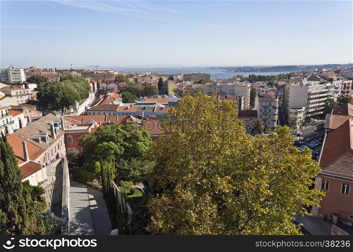 Beautiful birds eye view of the old city of Lisbon towards the Tagus River, Portugal
