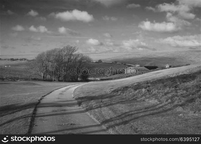 Beautiful black and white landscape image of farm and trees in Winter sunrise light
