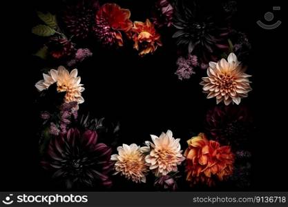Beautiful black background with flowers and copy space. Empty space for text. Frame, dark backdrop. Generative AI. Beautiful black background with flowers and copy space. Empty space for text. Frame, dark backdrop. Generative AI.