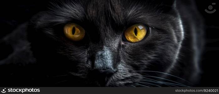 Beautiful black cat with captivating yellow eyes staring into the camera, giving a sense of danger and excitement. Is AI Generative.
