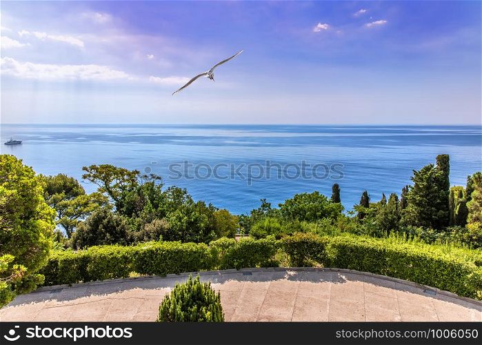 Beautiful Black sea view from the terrasse of the Vorontsov Palace in Crimea.. Beautiful Black sea view from the terrasse of the Vorontsov Palace in Crimea