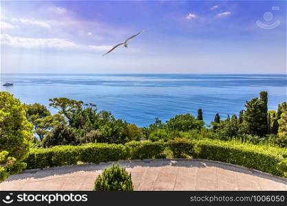 Beautiful Black sea view from the terrasse of the Vorontsov Palace in Crimea.. Beautiful Black sea view from the terrasse of the Vorontsov Palace in Crimea