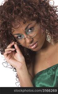beautiful black woman peering over her glasses