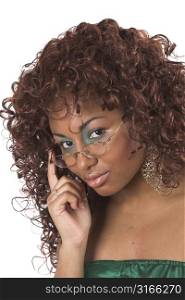 Beautiful black woman with glasses looking over the rim