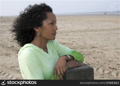 Beautiful black woman with the wind through her hair overlooking the sea