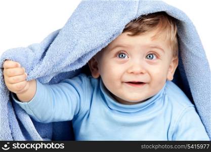 Beautiful blond baby with a towel isolated on white background