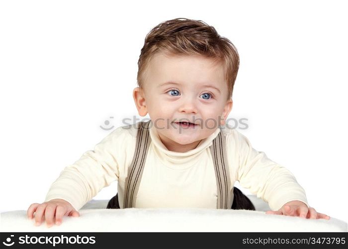 Beautiful blond baby with blue eyes isolated on white background