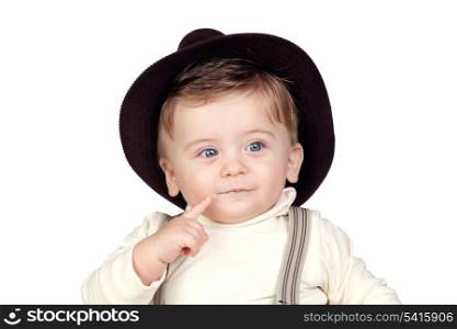 Beautiful blond baby with hat isolated on white background