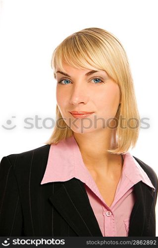 Beautiful blond businesswoman with blue eyes isolated on white background