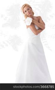 beautiful blond girl wearing as bride with veil and floral decoration on hand. Feathered pattern on background