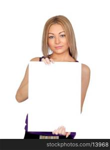 Beautiful blond girl with a billboard isolated on white background