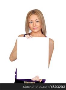 Beautiful blond girl with a billboard isolated on white background