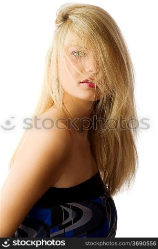 beautiful blond girl with hair on her face on white background