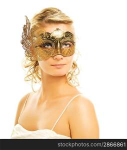 Beautiful blond woman in a golden carnival mask