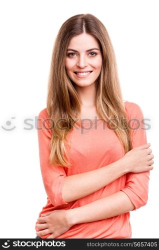Beautiful blond woman posing over white background