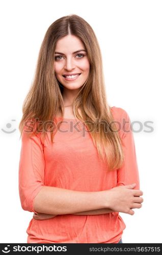 Beautiful blond woman posing over white background