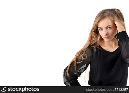 Beautiful blond woman wearing black dress