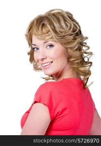 Beautiful blond woman with curly hair - isolated on white background