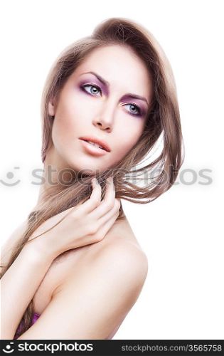 beautiful blond woman with long hair on white background